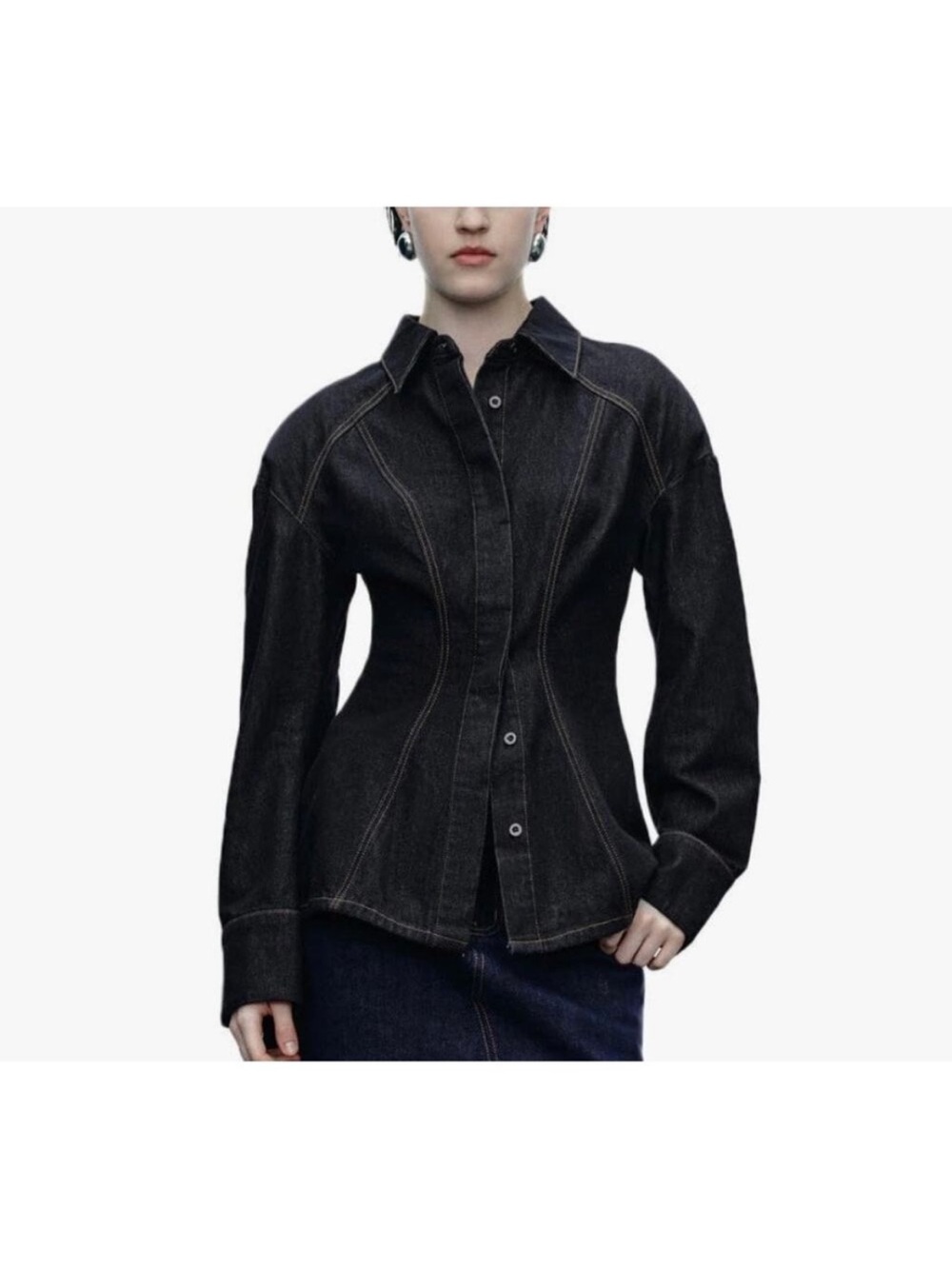 Women's Black Corset-Style Denim Button-Down Shirt